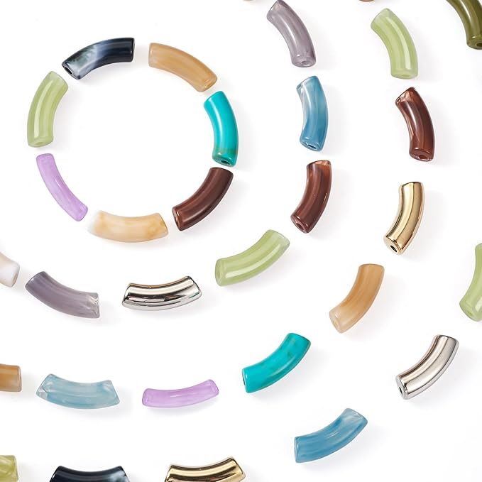 60Pcs Chunky Tube Beads with Rondelle Brass Rhinestone Spacer Beads & Elastic Thread & Plastic Tube Beads, Imitation Gemstone Curved Acrylic Tube Beads for Bamboo Bangles Bracelet Jewelry Making