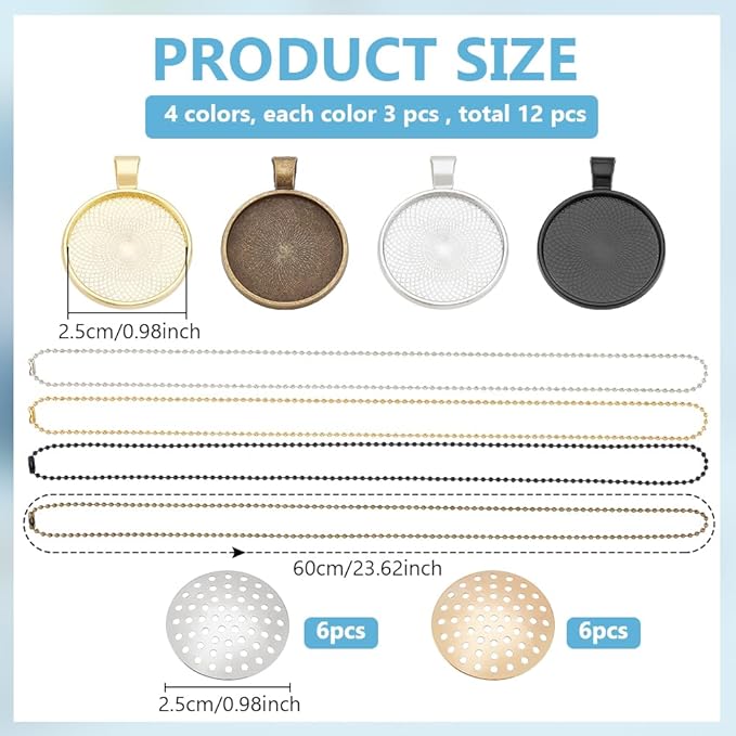 FREEBLOSS 12 Set Round Bezel Pendant Trays Necklace Pendant Blank Frame for Embroidery Round Pendant Tray Charm DIY Jewelry Making Kit for Necklace DIY Embroidery Necklace Needlepoint