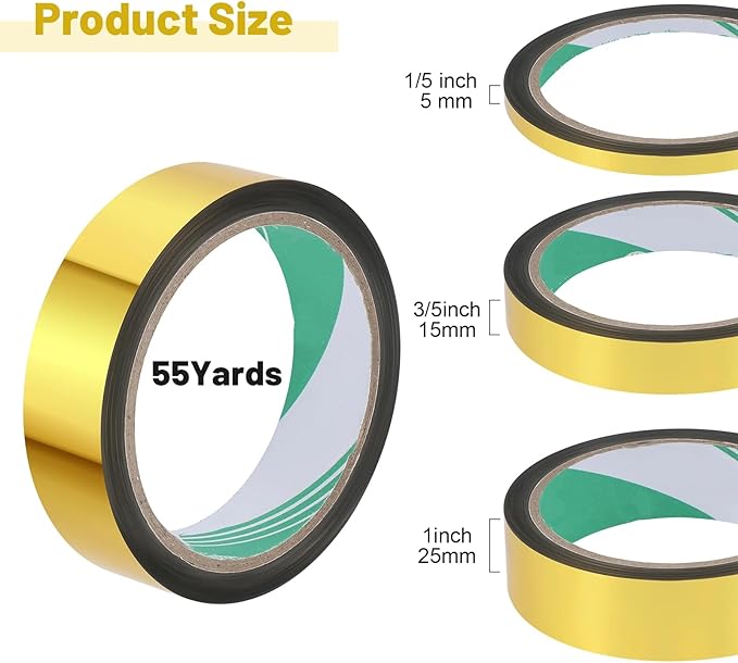 Zonon 3 Sizes Laser Gold Self Adhesive Polyester Film Tape Washi Tape for Car Furniture Graphic Arts Walls Decor, 55 yds(5/15/25mm)