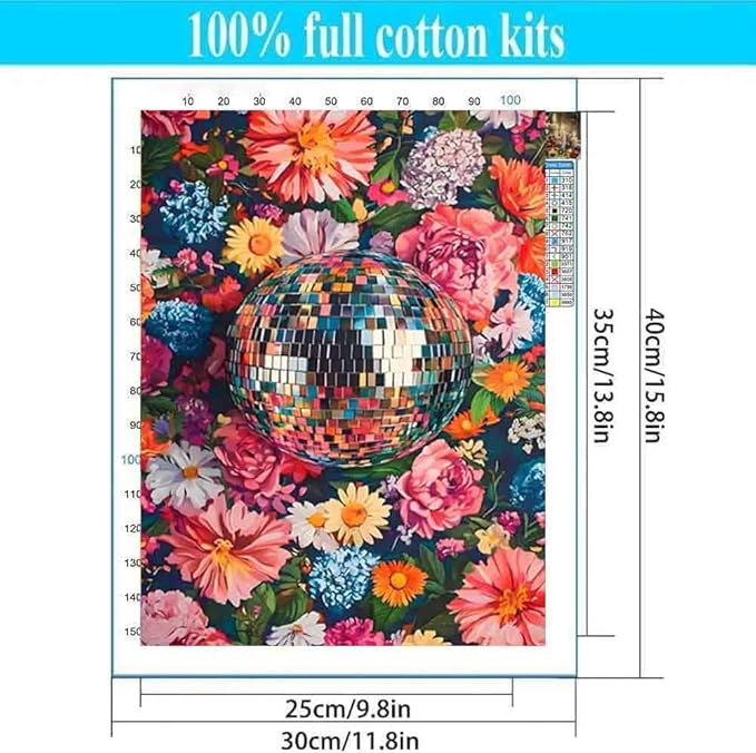 Disco Ball Stamped Cross Stitch Kits for Adults - Flower Embroidery Kits for Beginners Adults,11 CT Patterns Dimensions Counted Cross Stitch Kits for Adults Arts Craft 12x16 inch