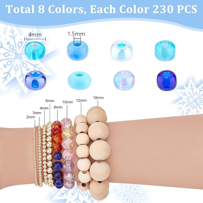 PH PandaHll 6/0 Blue Seed Beads, 1900 Pcs 4mm Multicolor Beading Glass Seed Beads Waist Beads 8 Colors Round Mini Spacer Czech Beads for Jewelry Making Christmas Decoration