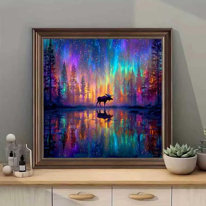 SHICERNHJ Sky Aurora Diamond Art Kits for Adults Beginner,5D Full Drill Diamond Dots for Deer Under Aurora，DIY Round Diamond Painting Kits Gem Art for Crafts Adult Home Decor 14 X 14 Inch