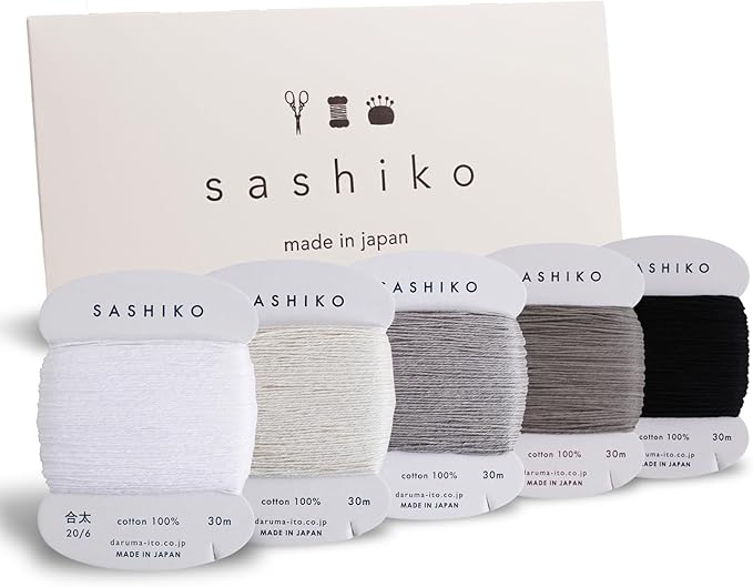 DARUMA Sashiko Thread 100% Cotton Card Type (32.8 yd) x 5 Colors with English Manual, Sewing & Embroidery Value Set with Gift Package(Thick, Yukidoke)