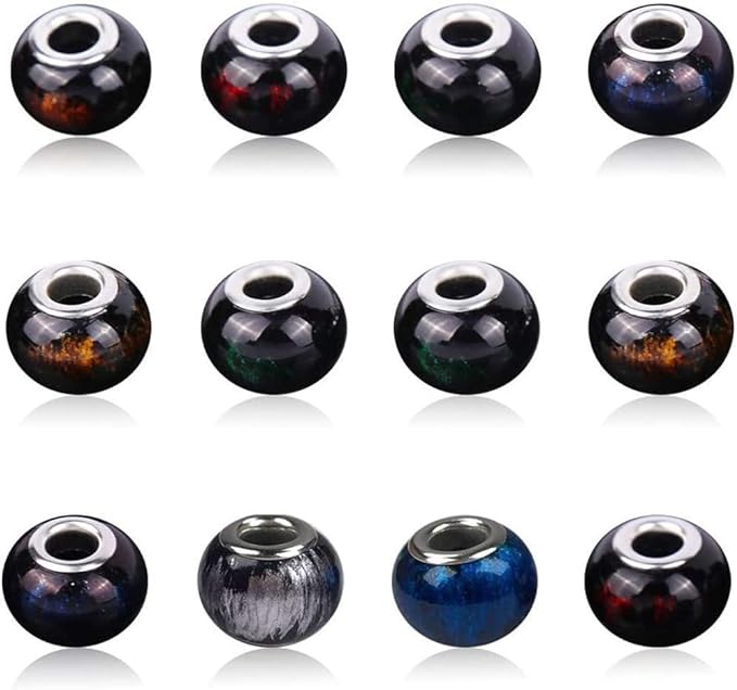 AIPRIDY 100Pcs 15x11mm Painting Murano Large Hole Glass Beads Mix Color with Silver Brass Cores European Charm fit Bracelet Necklace (Black Background and Color Glass)