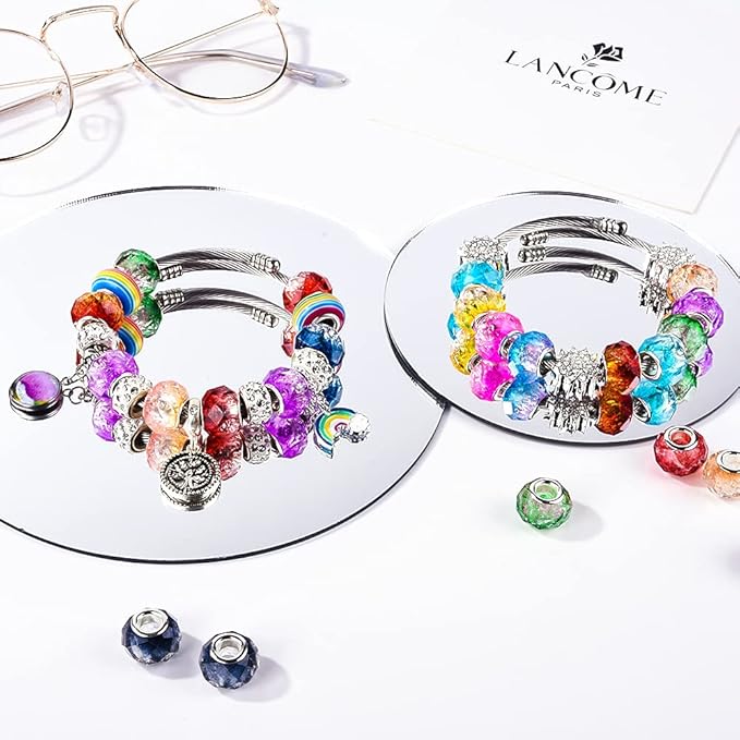 AIPRIDY 100Pcs 15x11mm Painting Murano Large Hole Glass Beads Mix Color with Silver Brass Cores European Charm fit Bracelet Necklace (Crack Up and Down Bicolor Faceted)