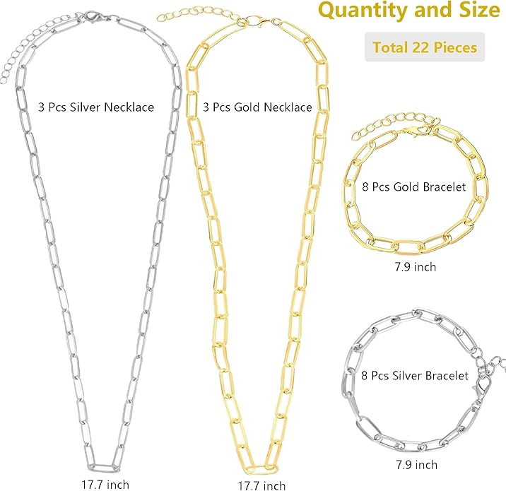 22 Pcs Necklace Bracelet Kit, Charms Chain Bracelet Necklace Kit with Lobster Clasps Charm Bulk Bracelets Chains Paperclip Necklaces Chain Charms for Jewelry Making Women