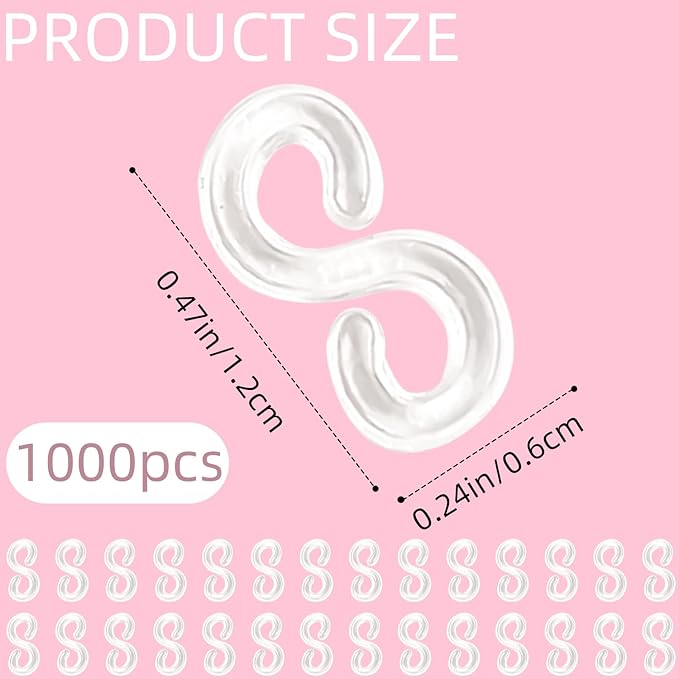 1000pcs S-Clips Rubber Band Clips,Loom Band Clip Plastic Connectors Supplement Kit – DIY Refill Supplies,Loom Bands for Jewelry Craft (Clear)