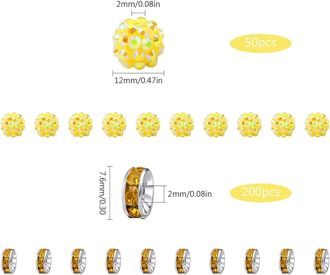 LAIDANLA 250pcs 12mm Yellow Rhinestone Beads and 8mm Rondelle Spacer Beads for Beaded Pens, Sparkly Shamballa Disco Baseball Bead for Bracelets Making Necklaces Earring DIY Craft