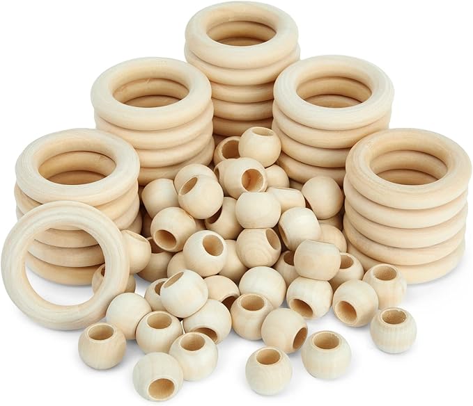 Bright Creations Set of 50 Wooden Beads and 30 Rings for Macrame, DIY Pendant Connectors, Wall Hanging Craft (2.2 in/20mm)