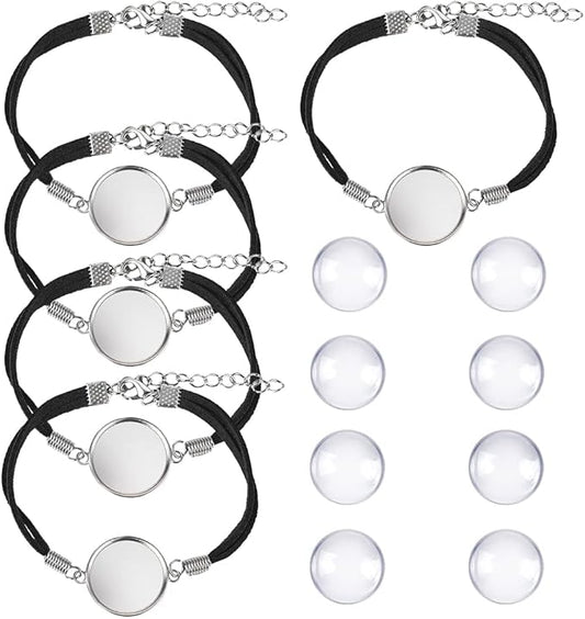 DROLE 40Pcs Black Leather Bracelet Blanks - 20mm Cabochon Bezel Tray Blank Bracelets with Black Bracelet Chain for Jewelry Making