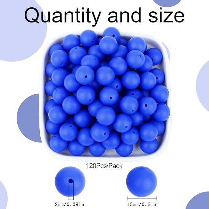 MAIBAOTA 120 Pcs Deep Blue Silicone Beads - 15 mm Round Beads for Keychain, Pens, Bracelet, Necklace Making - Bulk Craft Kit