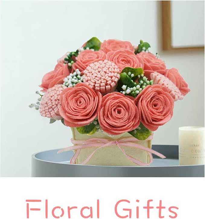 BAZIMA DIY Felt Flower Art Craft Kit,DIY Pink Rose and Carnation Bouquet Kit, Floral Gifts,Beginner Craft Kit,Arrange Pre-Cut Felt Flowers and Foliage