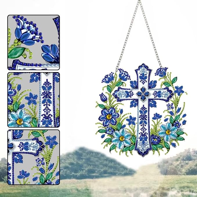 STGLCR Cross Hanging Diamond Art Kits for Adults - Cross Acrylic Board Double Sided Pattern Jesus Diamond Painting Suncatcher Pendant, Crystal Art for Home Wall Window Decor Handmade Gift 7.8Inch
