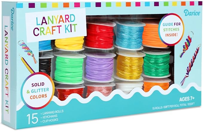 Darice Lanyard Kit - 15 Pack Plastic Gimp String With Assorted Colors - Glitter and Solid Boondoggle for Weaving - Lacing Cord for Bracelets, DIY Keychains, Crafts