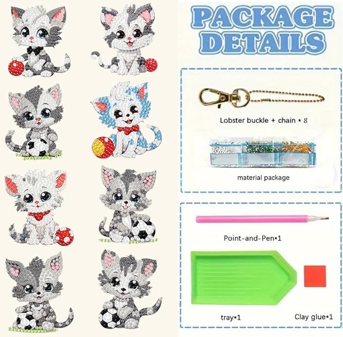 Masendp 8 Pieces Diamond Painting Keychain Animal Style Diamond Art Jewelry Double Sided 5D Diamond Painting Kit for Beginners Adult DIY Art Craft Gifts Home Decor (Football & Cat)