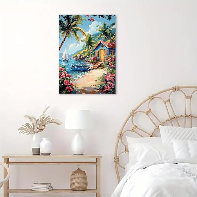 Beach Stamped Cross Stitch Kits for Adults -Flower Embroidery Kits for Beginners Adults,11 CT Patterns Dimensions Counted Cross Stitch Kits for Adults Arts Craft 12x16 inch