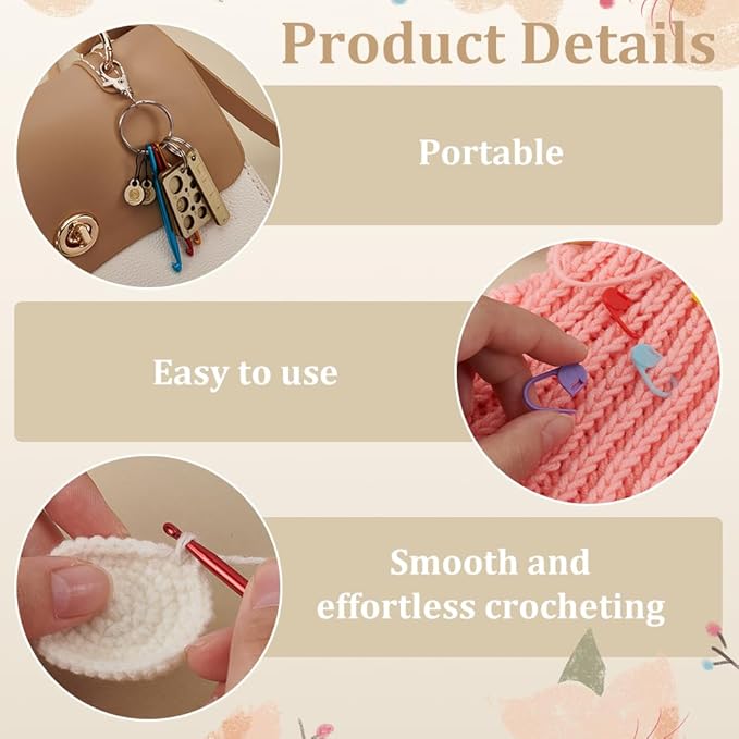 FINGERINSPIRE 26 Pcs Crochet Hook Kit 22x11x3mm Stitch Markers Mini Keychain Aluminum Crochet Hooks Knitting Needles Crochet Hook Keychain Portable Crochet Keychains Kit with Wooden Pendant and Pin