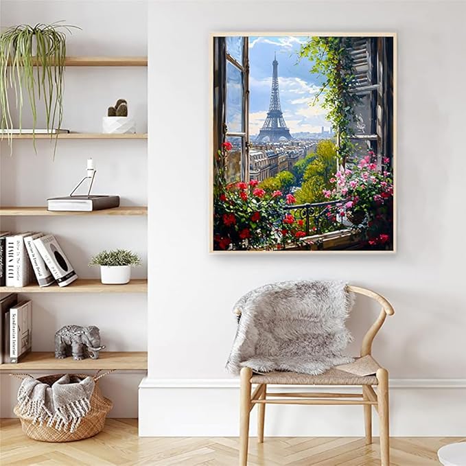 Artunion Paris Window View Paint by Numbers Kit for Adults, Eiffel Tower City Paint by Number Kits, DIY Oil Painting Paint by Number Kits on Canvas Arts Craft for Home Wall Decor 16x20 Inch