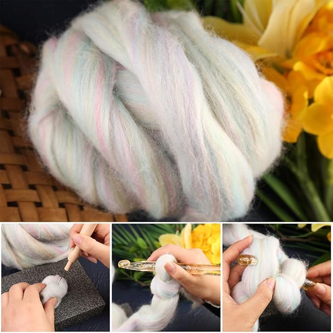 3.53oz Wool Roving, Fiber Roving Wool Top, Needle Felting Supplies, Pure Wools, Chunky Yarn, Spinning Wools for Needle Felting Wet DIY Hand Spinning (Multicolor)