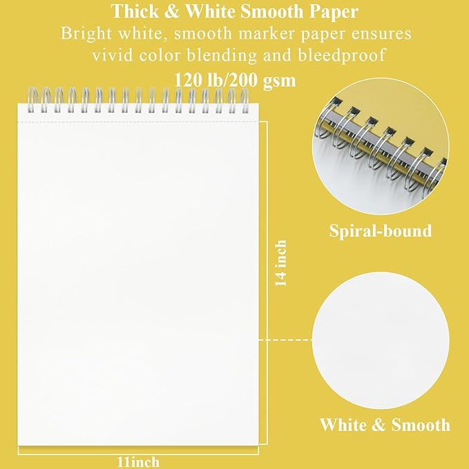 large drawing pad for markers, 11x14 spiral bound sketchbook for alcohol markers, 120lb/200gsm marker paper, 60 sheets art pads for painting, drawing & art supplies for teens.