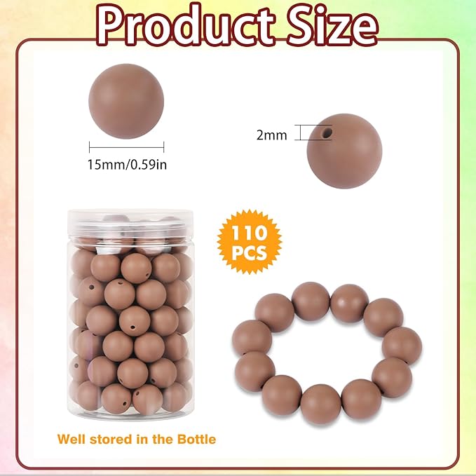 110 Pcs Silicone Focal Beads, EVERMARKET 15mm Silicone Beads for Keychain Making, Round Silicone Beads Bulk with Bottle, Rubber Loose Beads for Pens Crafts Necklace Bracelet Lanyard (Light Coffee)