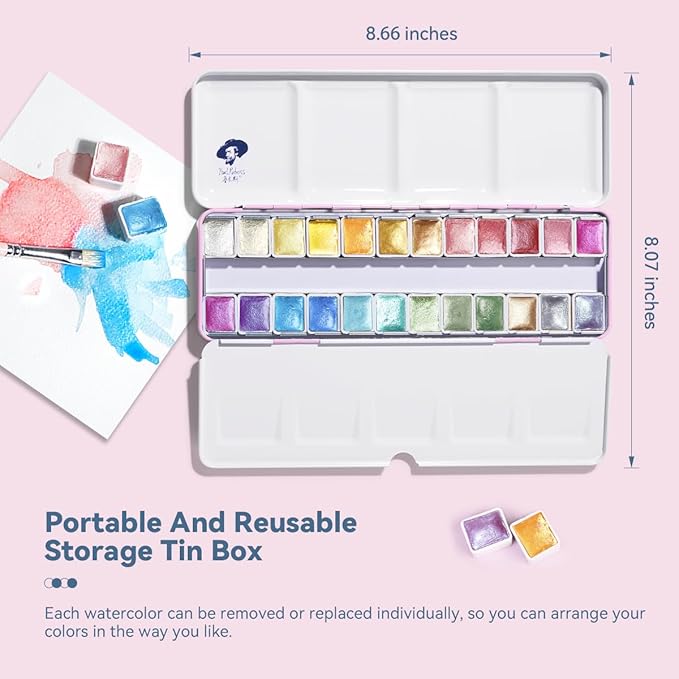 Paul Rubens Artist Watercolor Paints-Metallic Glitter Solid Colors-Pink Portable Metal Case with Palette-24 Color Set Sparkle Watercolor