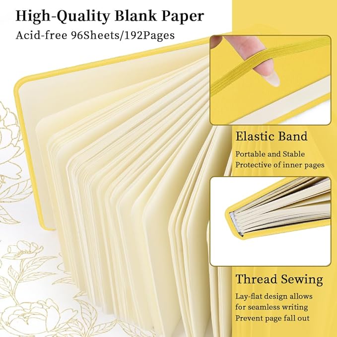 Square 5x5 inches 80gsm 96sheets/192 Pages Notebooks Blank Sketchbooks Travel Journal Pocket Hardcover Paint Writing Diary Memo Planner PU Leather Cover. Yellow