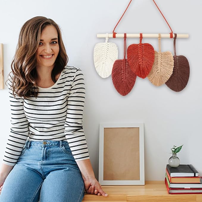 FREEBLOSS 2 Set DIY Macrame Leaf Wall Hanging Kit Macrame Feather Wall Art 10 Colors Cotton Cords 30cm Macrame Kit with Instruction Macrame Wall Tapestry for Bedroom Birthday Gift