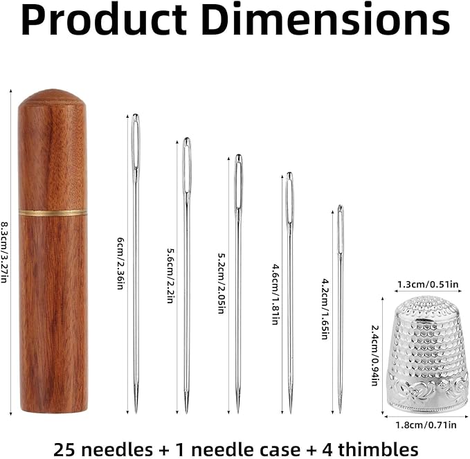 30pcs Large Eye Sewing Needles Kit, Stainless Steel Large Eye Embroidery Needles with Case and 4 Thimbles for Crochet Darning Yarn Knitting and Embroidery Projects