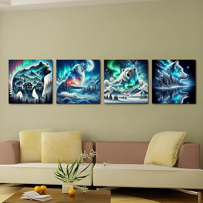 Diamond Art Kits for Adults Beginner, 4 Pack Animals DIY Diamond Painting Kits Bear and Wolf,5D Diamond Dots Gem Art Starry Sky Full Drill Funny Crafts for Home Wall Decor 12x12 Inch