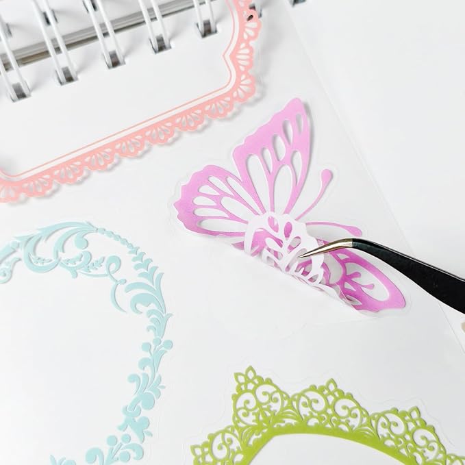 130 Pcs Lace Scrapbook Stickers - Colorful Butterfly & Feather Embellishments for Journaling, Wedding Albums, DIY Crafts, Scrapbooking Supplies & Bullet Journal Decor