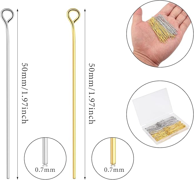 200 Pcs 50mm Straight Eye Pins for Craft Earring Bracelet Necklace Pendant DIY Jewelry Making, Platinum & Gold Color