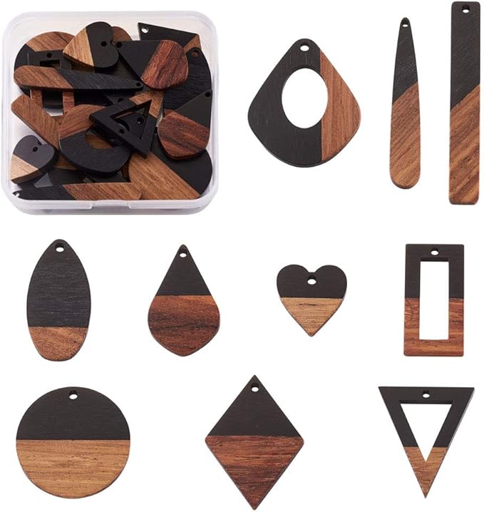 Beadthoven 20pcs/10 Pairs Black Natural Wood Resin Charms DIY Earrings Pendants Mixed Shapes Wooden Pieces Pendants for Statement Jewelry Making Findings
