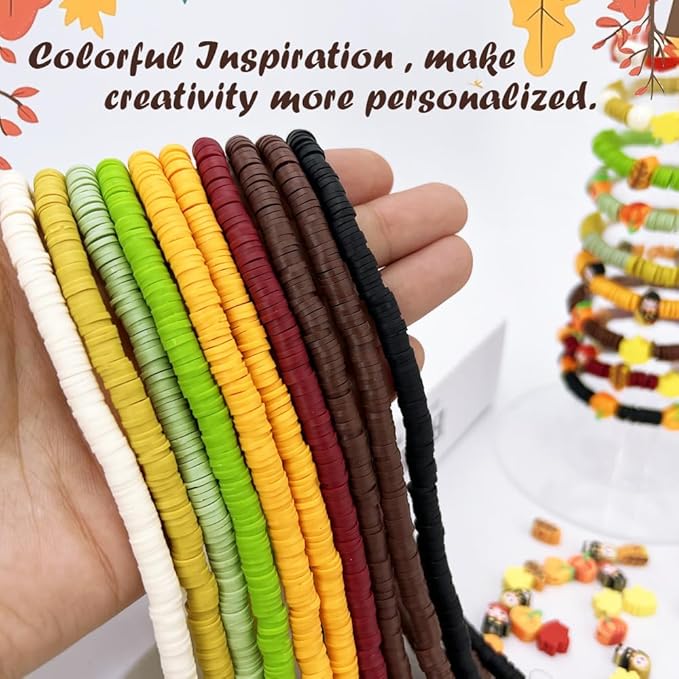 3600 PCS 10 Strands Fall Clay Beads for Jewelry Making, with 50pcs Autumn Clay Charms for Bracelets Making (Thanksgiving Day)