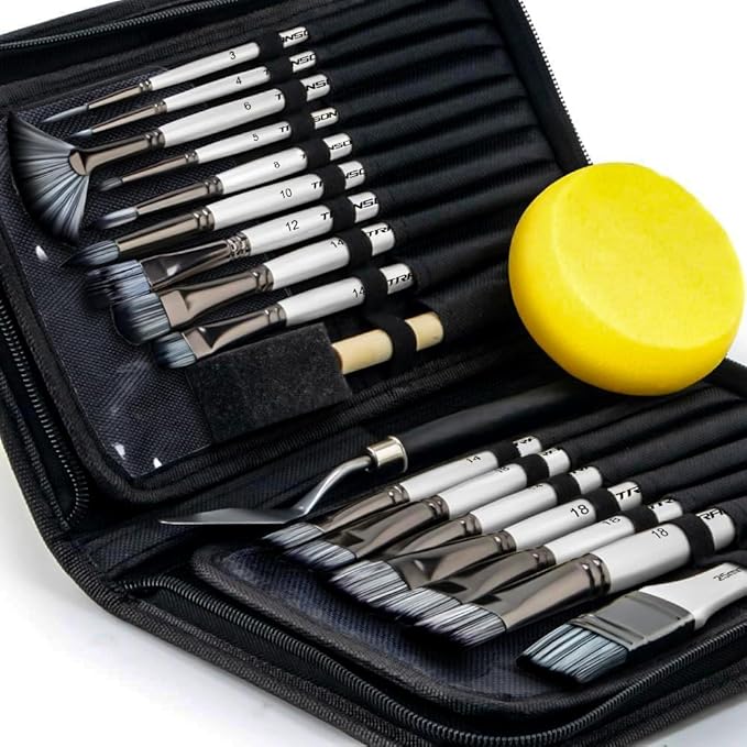 Transon Art Paint Brush Kit 16 Paint Brushes with Foam Brush Sponge Spatula and Art Case for Oil, Acrylic, Watercolor, Gouache, Painting