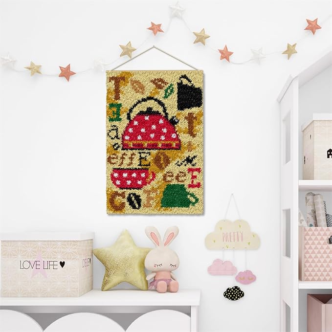 DL-YTG Latch Hook Kits Rug Coffee Crochet Yarn Cushion Colour Pre-Printed Canvas Cover Rug Needlework DIY Hook and Latch Kit Christmas Home Decoration 52x38cm/20 X15inch
