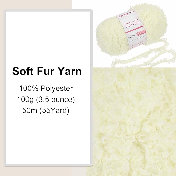 MECCANIXITY 1 Skeins Eyelash Yarn Fur Soft Fluffy Chunky Polyester Yarn Fuzzy Light Cream White for Crocheting Knit DIY Clothes Bag - 55Yard/50m, 3.53oz