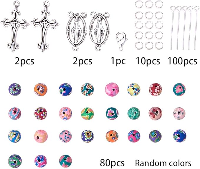 SUNNYCLUE 1 Box DIY 1 Set 8mm Polymer Clay Bead Rosary Necklace Bracelet Making Kit Alloy Jewelry Making Kit for Adults Beginners