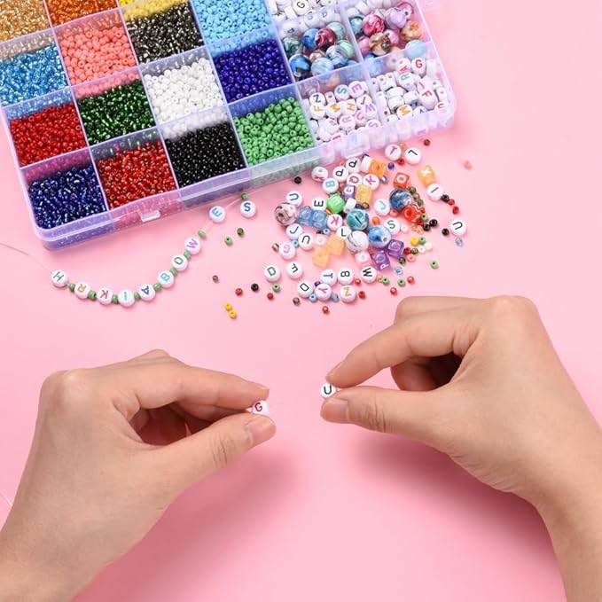 3mm Glass Seed Beads Bracelet Making Kit, Small Beads Friendship Jewelry Craft Kit with Letter Beads & Elastic Cord, DIY Art Craft Gift for Girls