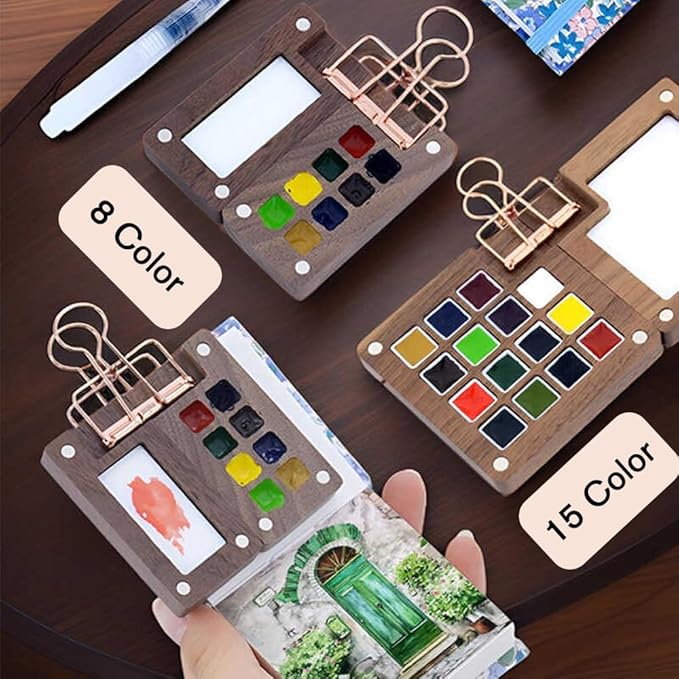 Aimery Mini Watercolor Paint Travel Set, Portable Small Miniature Pocket Water Color Painting Kit with Wooden Palette & Sketchbook(Yellow Flower)