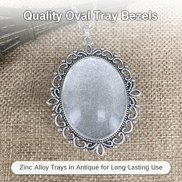20Pcs Photo Charms Cabochon Blanks Set 10Pcs Large Oval Pendant Trays with 10 Glass Cabochons for Memorial Jewelry Making Bridal Bouquet Charms DIY