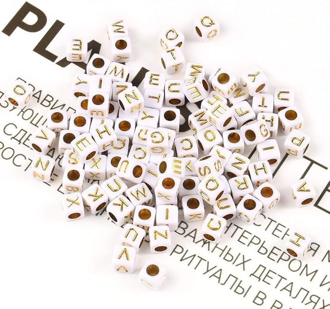 Acrylic Letter Beads Alphabet Gold Letters White Cube Bead, 6×6mm 900pcs, Friendship Bracelets Letters Beads Jewelry Making Bulk