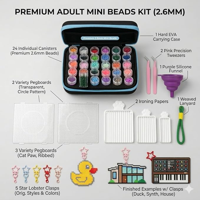 Premium 2.6mm Fuse Beads Craft Kit - 30 Colors Mini Melty Beads for Detailed Pixel Art, Stress Relief Hobby Project for Adults, DIY Pattern Decorations & Ornaments-Blue