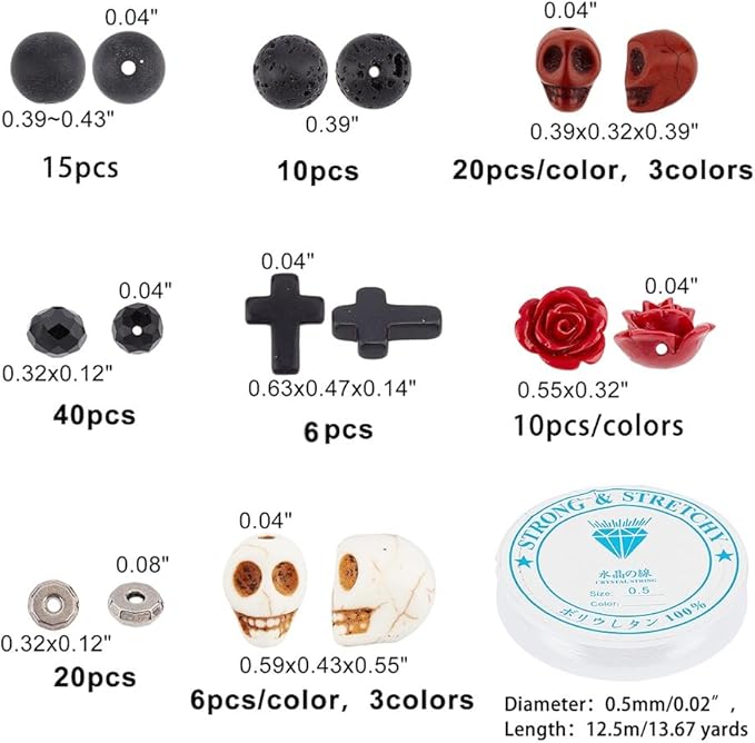 arricraft 203 Pcs Halloween Skull Gemstone Beads Kits, Natural Lava Rock Synthetic Turquoise Cross Bead Flower Rose Bead Tibetan Style Beads for Jewelry Making Bracelets Necklaces DIY Crafts