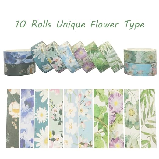 Spring Flower Washi Tape Set 10 Rolls - 15 mm Floral Decorative Tape for Bullet Journal, Planner, DIY Arts Crafts, Scrapbooking, Holiday Decoration