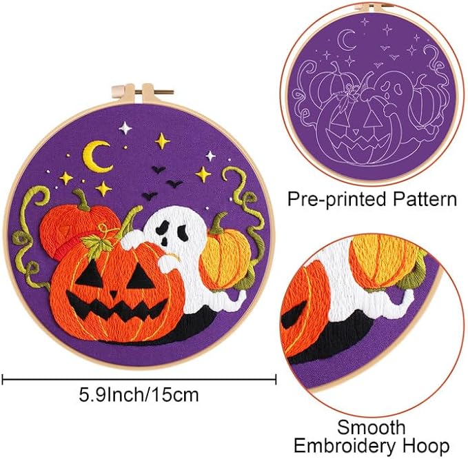 Nuberlic Halloween Embroidery Kits - 3 Pack Easy Embroidery kit for Adults Beginners Starter Cross Stitch Kit DIY Needlepoint with Pre-Printed Fabric, Hoop, Thread, Needles & Step-by-Step Guide