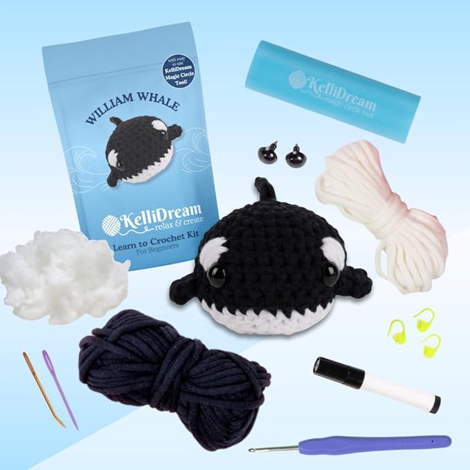 KelliDream Magic Circle Tool Inclusive Learn to Crochet Kit for Beginners; Step-by-Step Video Tutorials; All Supplies to Make Cute Amigurumi (Whale)