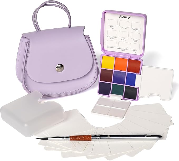 Funto Mini Watercolor Set Travel Kit with 9 Colors, Leather Bag & Watercolor Paper, Portable Drawing & Painting Supplies for Beginners, Art Gift Set