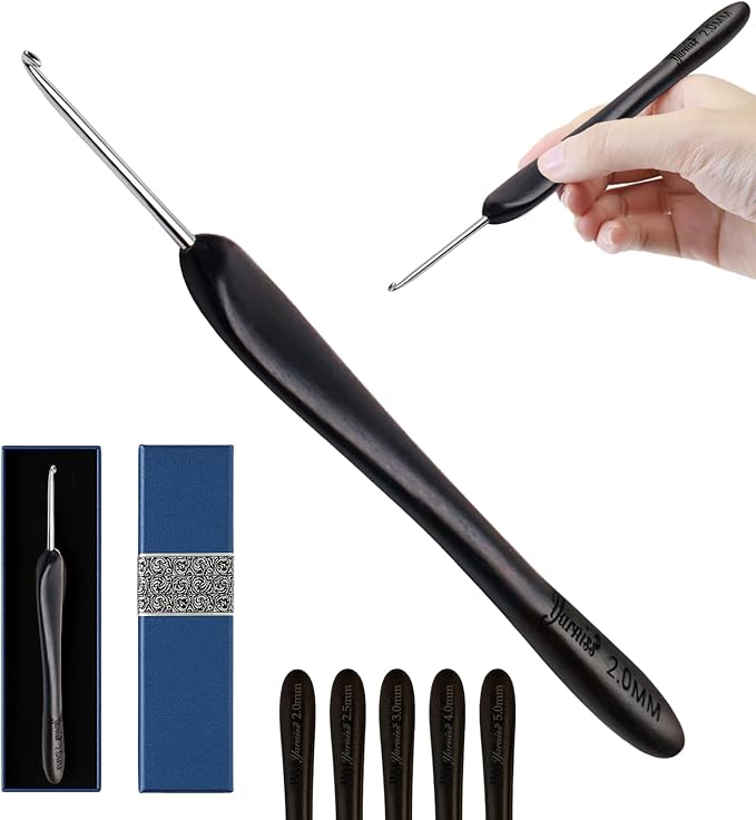Yarniss 2.0 mm Ergonomic Crochet Hook with Ebony Wood Handle, Hand-Polished Stainless Steel Crochet Needle, Comfortable Crochet Tools with Gift Box