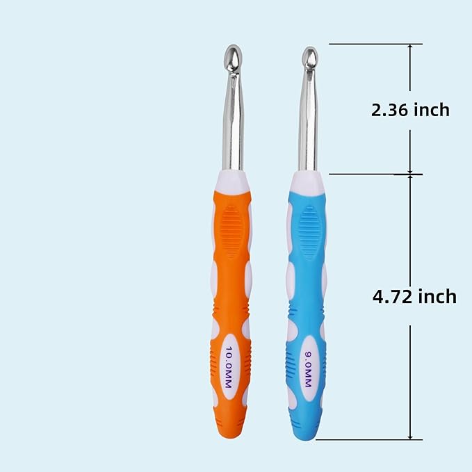 9mm 10mm Crochet Hook, Smooth Metal Head and Soft Rubber Grip Extra Long Ergonomic Crochet Hooks for Arthritic Hands, Beginners and Crochet Enthusiast